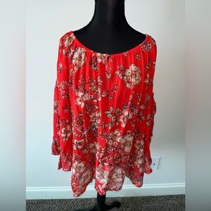 Women’s Bila Boho Floral Red Blouse Top Beading detail Size L